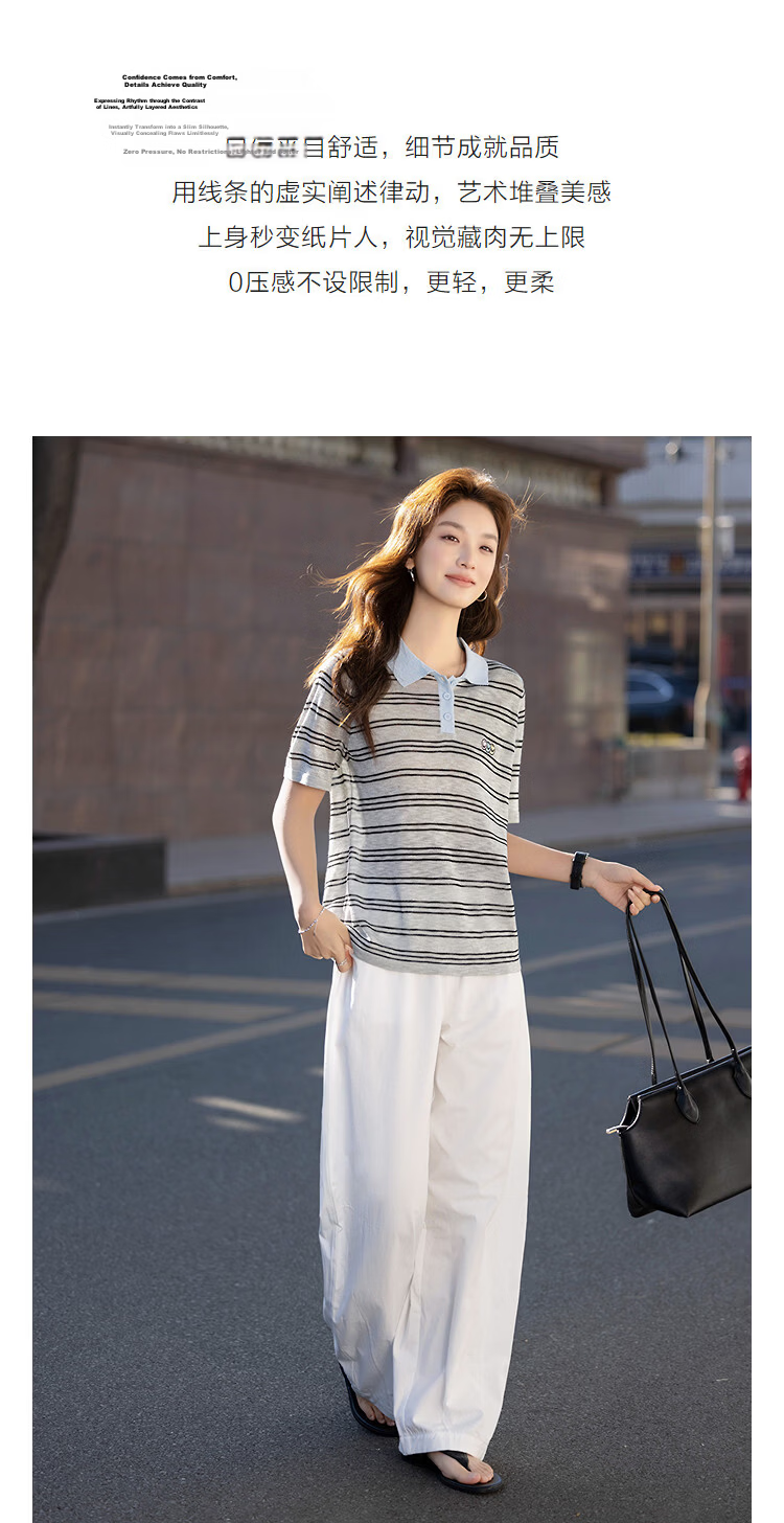 Demana [Smart Academy] Summer Retro Colorblock Polo Collar Striped Embroidered Slimming Concealing Knit Short Sleeve Top for Women Premium 5