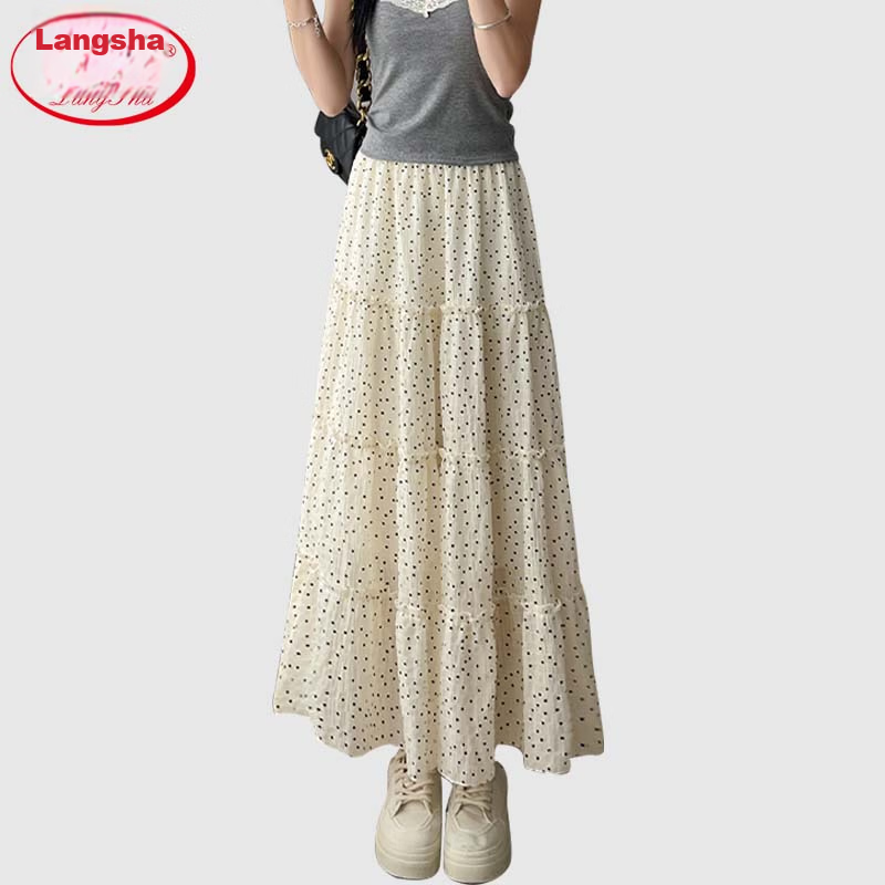 Langsha French Style White High-Waist Elastic Waist A-Line Polka Dot Long Skirt Japanese Style Cake Skirt for Women 2026 Summer