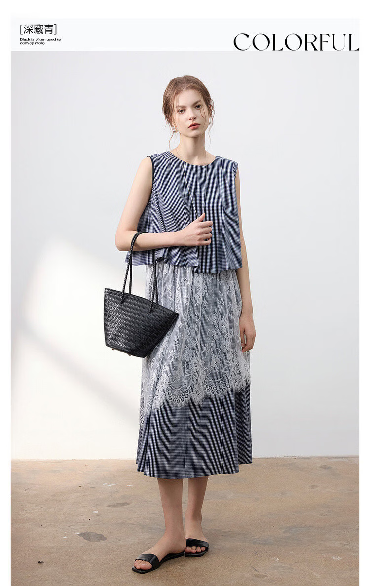 Demana [Cloud Oxygen Cotton Series] Summer Retro Plaid Lace Splice Sleeveless Flared Slim Fit Designer Women's Dress 3