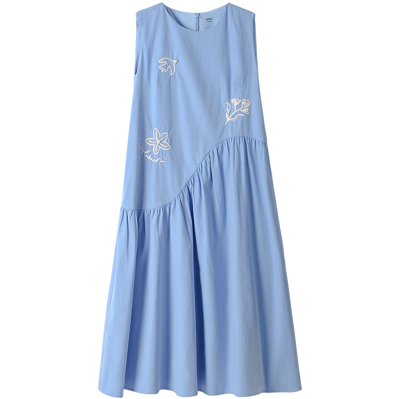 INMAN Lenzing Cotton Embroidered 3D Vacation Boho Dress 26 Summer New Sleeveless Dress Blue L