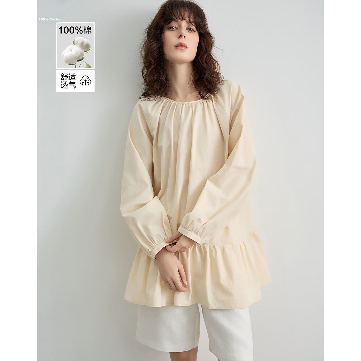 Demana [Pure Cotton Poplin] Spring Elegant Round Neck Mid-Length Doll Shirt Loose Small Size Blouse for Women