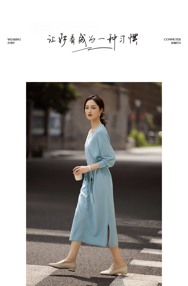 Demana Women's Spring Soft V-Neck Pearl Button Drop Shoulder Adjustable Waist Dress with Wool 12
