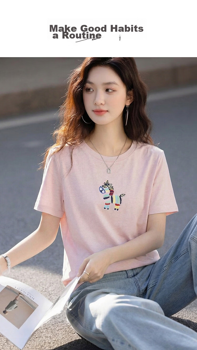 Demana [with Lyocell Cotton] Summer Fresh Sweet Little Horse Embroidery Round Neck Short Sleeve Slim Fit Designer Women's T-Shirt 1