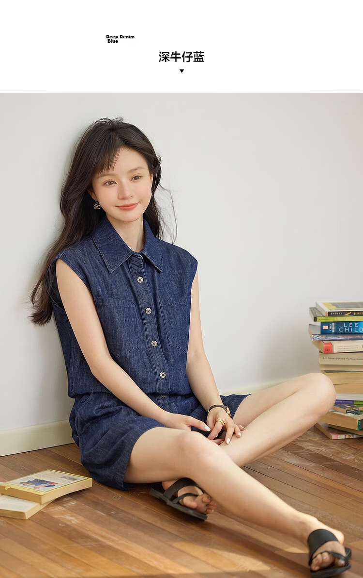 Demana Denim Cloud Oxygen Summer Vintage Faux Two-Piece Sleeveless Collared Petite Denim Dress for Women Premium Feel 8