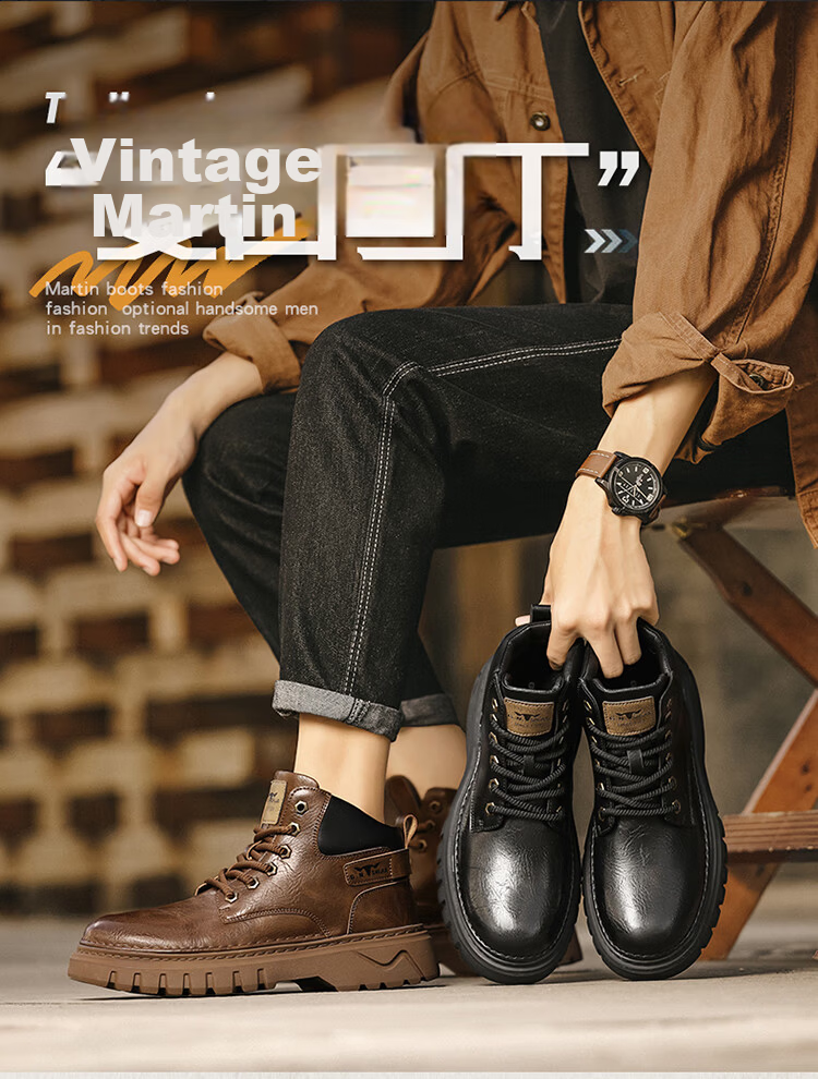 Bull Family Autumn Winter New Martin Boots Men's Outdoor Trendy Work Boots Versatile Retro Mid-High Lace-Up Boots for Men 2