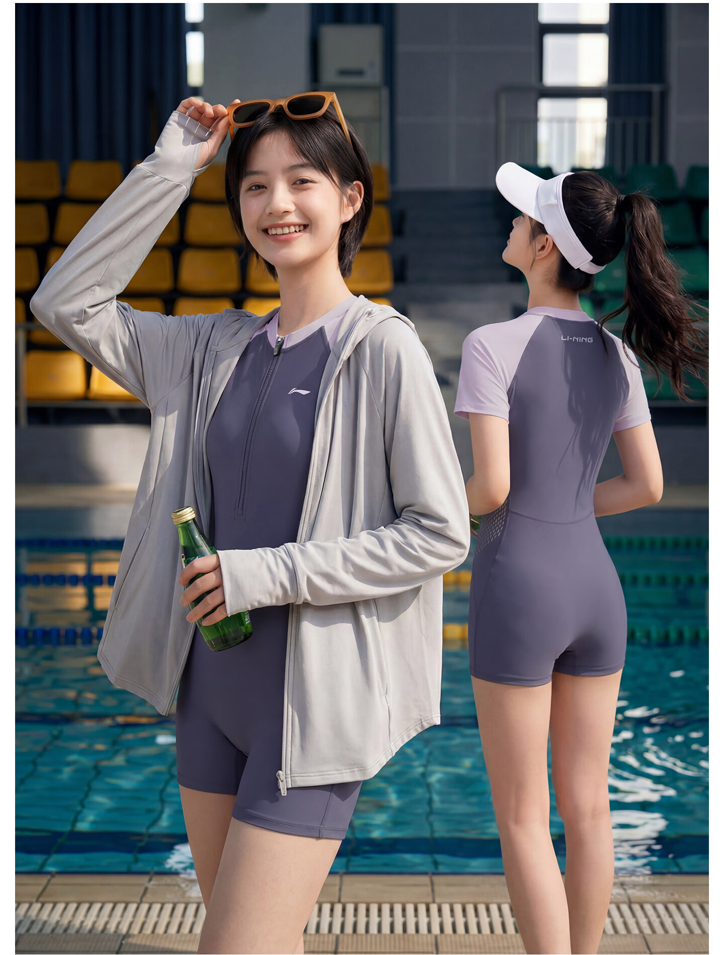 LI-NING Women's Professional One-Piece Square Leg Swimsuit for Middle School Exam Conservative Swimwear 1682 Graphite Gray L 16