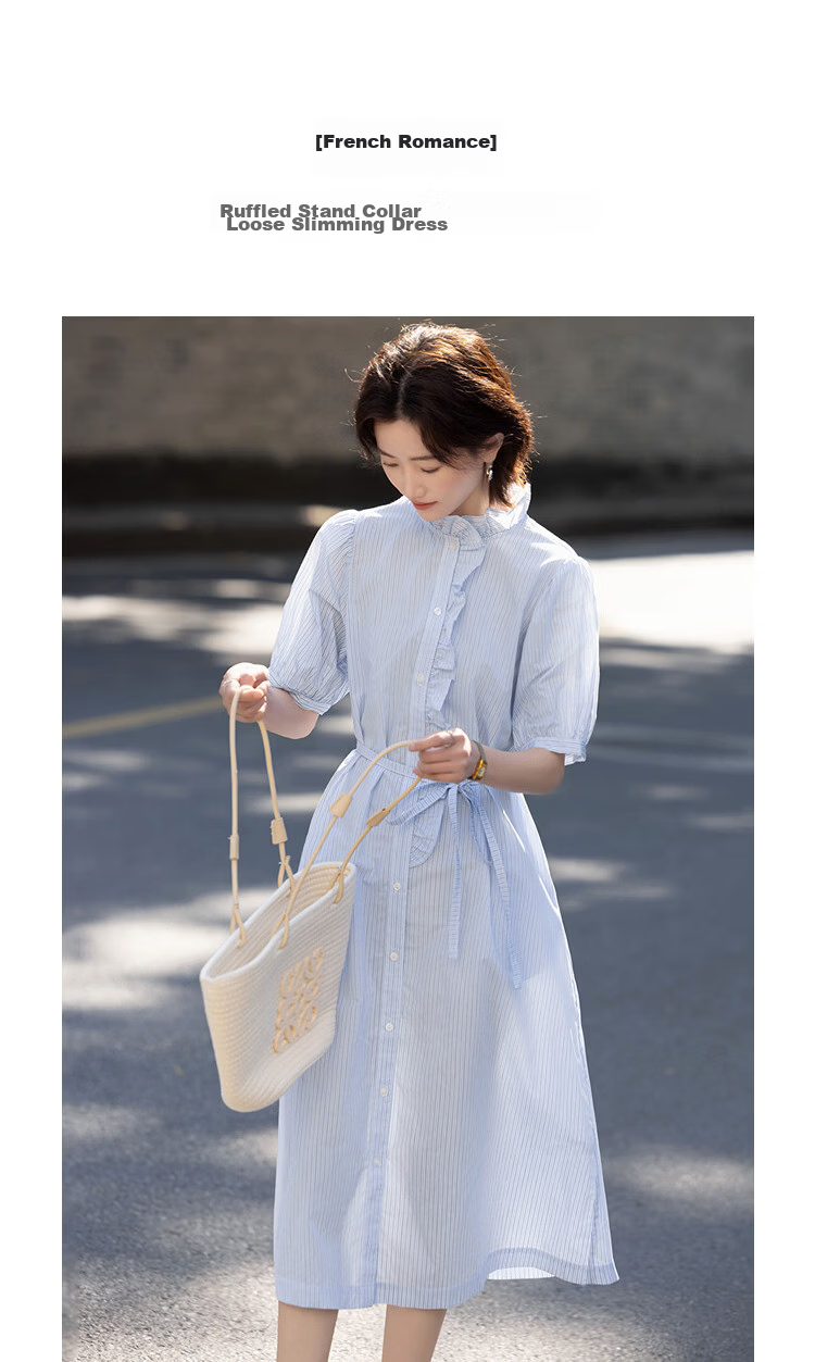Demana French Romantic Summer Cloud Cotton Striped Ruffle Collar Waist-Slimming Dress for Women Premium Quality 5