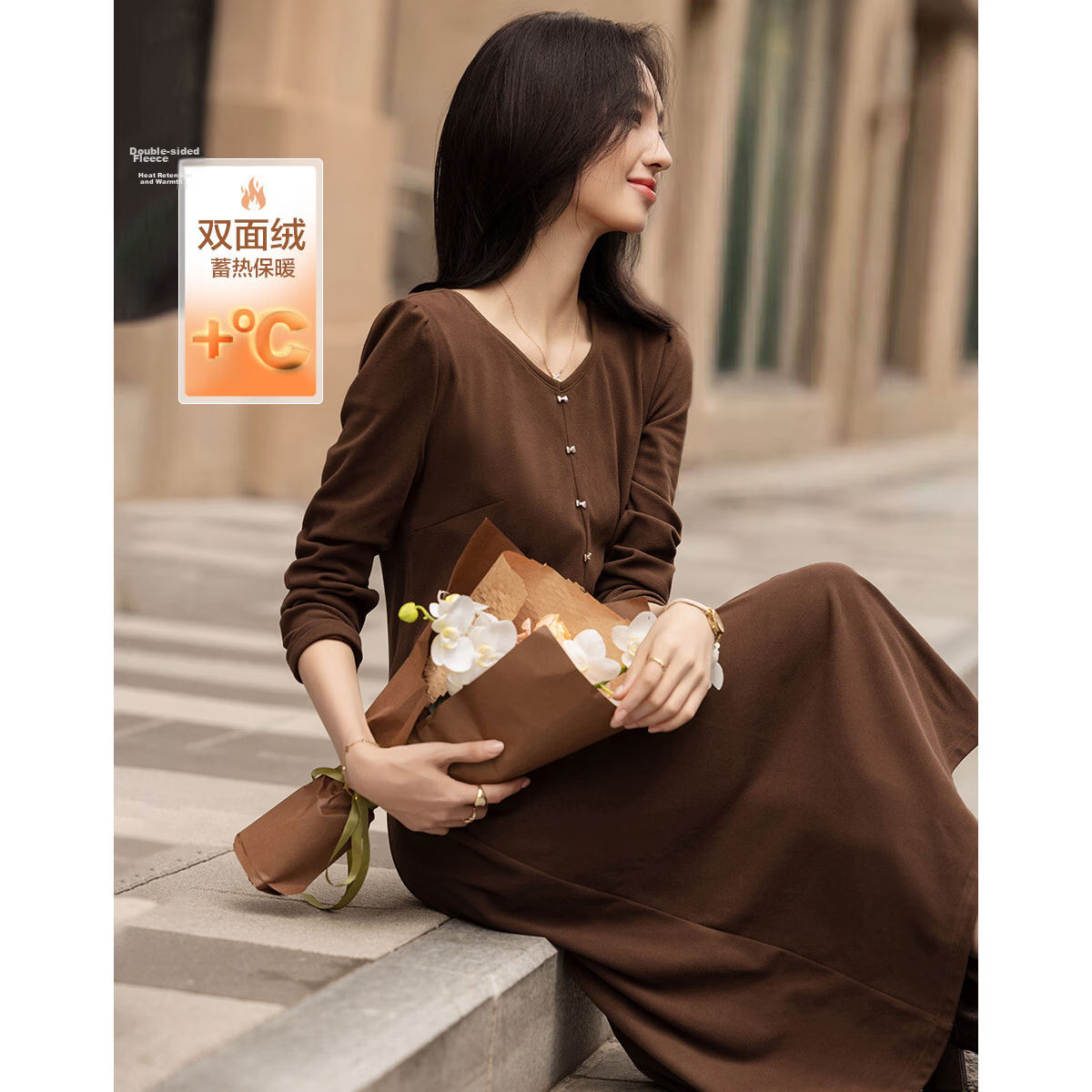 Demana Warm Double-Sided Fleece Autumn Casual V-Neck Irregular Split Metal Button A-Line Women's Dress