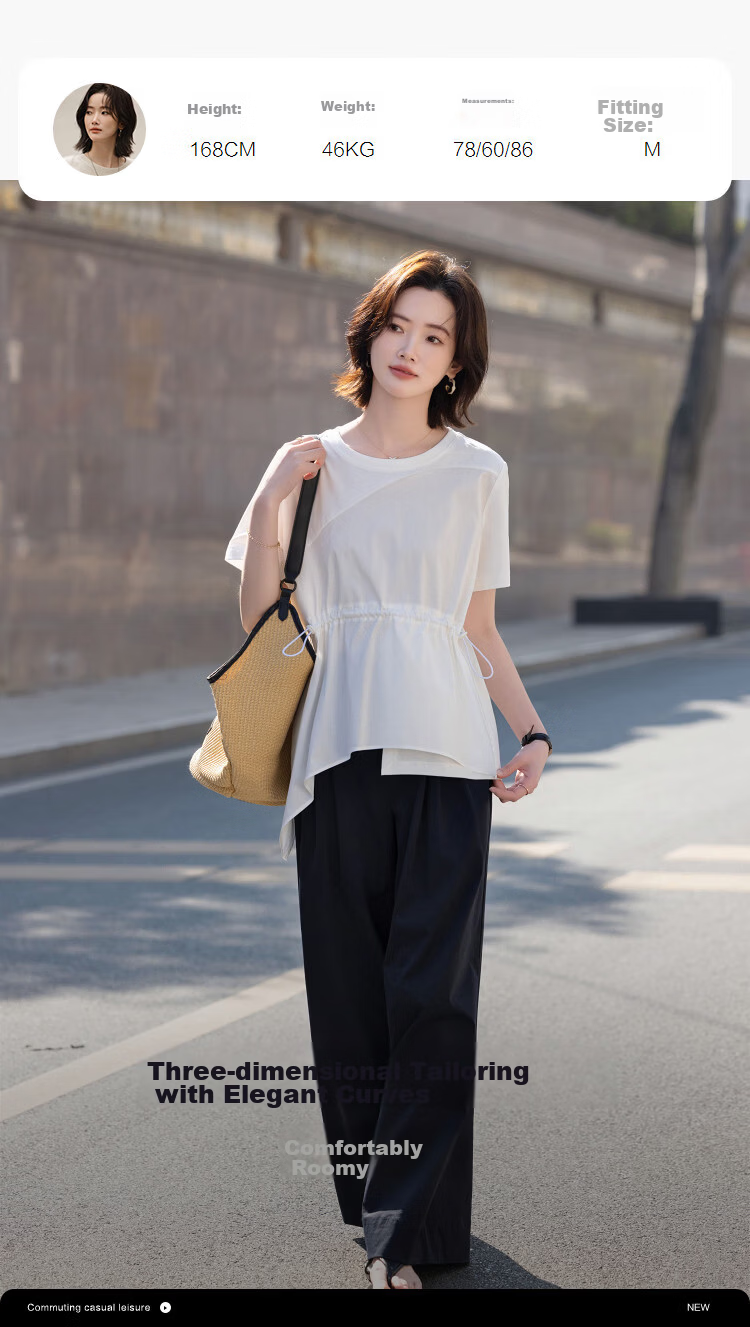 Demana [Cool Feeling Sorona] Summer Simple Round Neck Drawstring Asymmetric Hem Loose Slim T-Shirt for Women Premium Quality 7