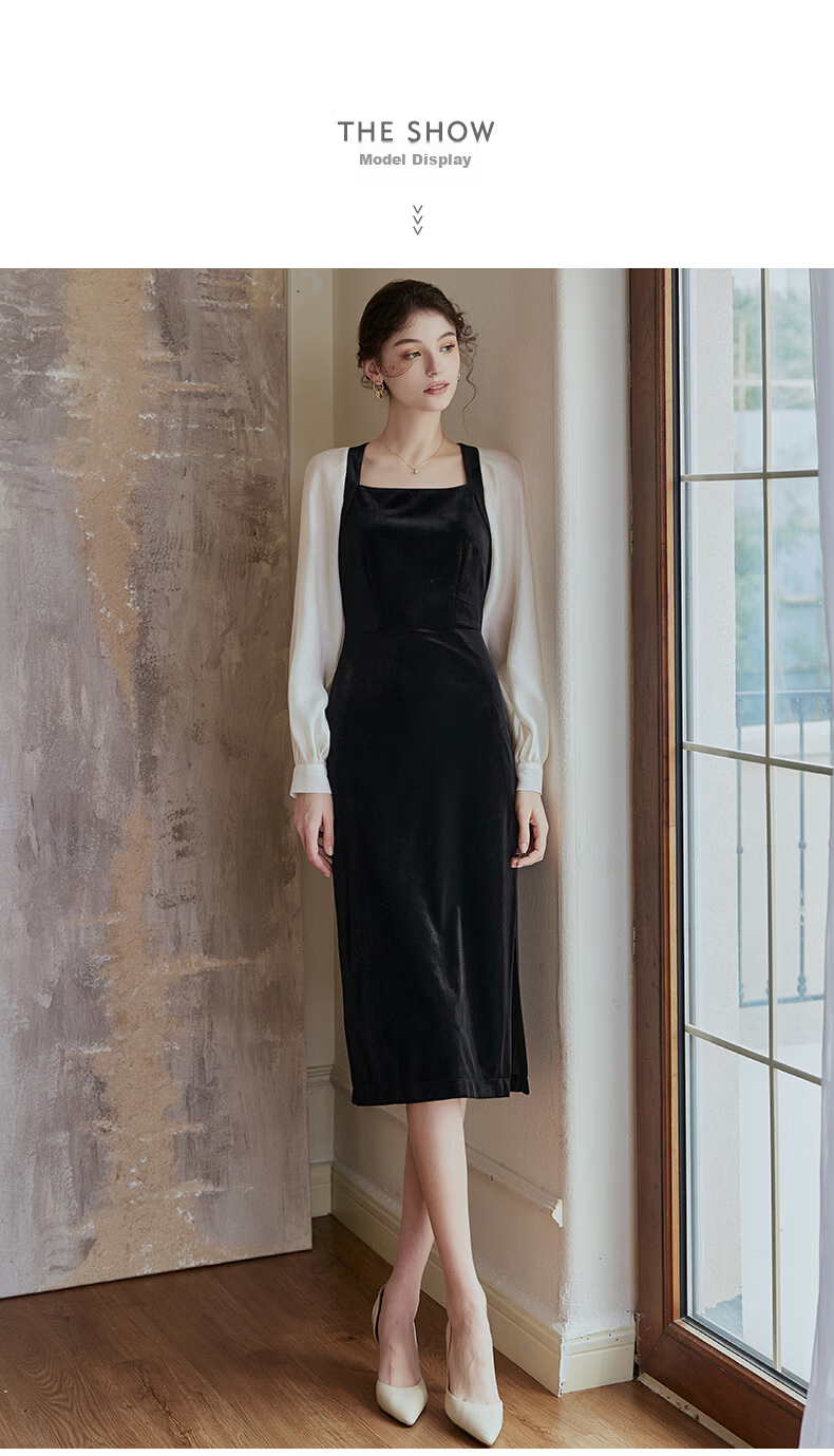 ROEYSHOUSE French Style Women's Spring Vintage Patchwork Velvet Slim Dress 07942 Colorblock M 2