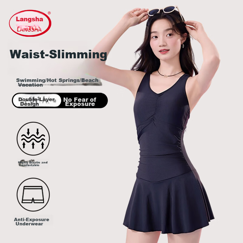 LangSha Women's Black One-Piece Swimsuit Skirt Slim Fit High Elasticity Conservative Anti-Exposure Beach Hot Spring Wear