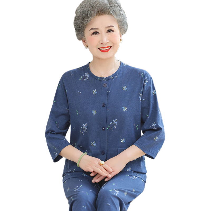 Fengxiao Middle-aged and Elderly Mom Spring Pajama Set Two-piece Pure Cotton Elderly Homewear Grandma Loose Long Sleeve Suit