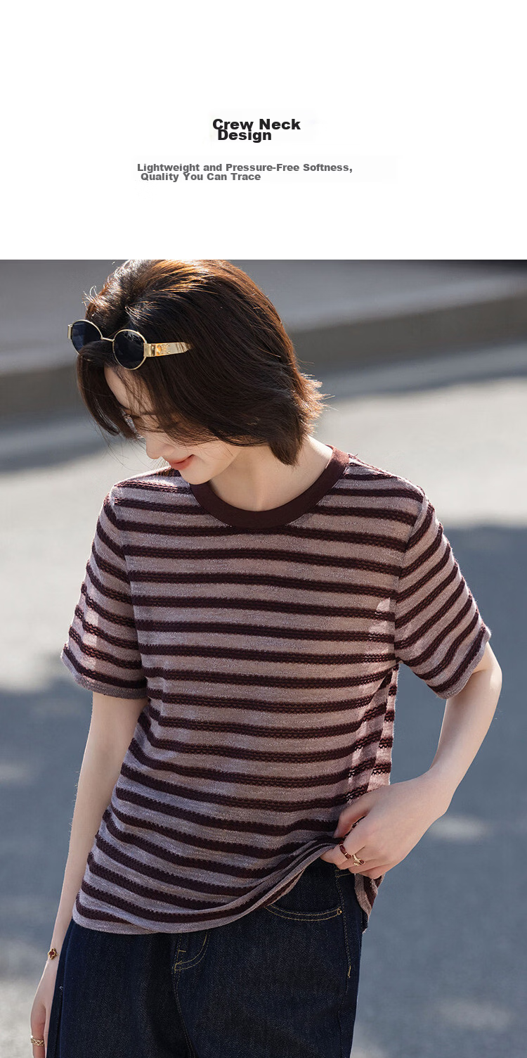 Demana "Piano Overture" Summer Retro Colorblock Round Neck Short Sleeve Stretch Slimming T-Shirt for Women High-End Feel 7
