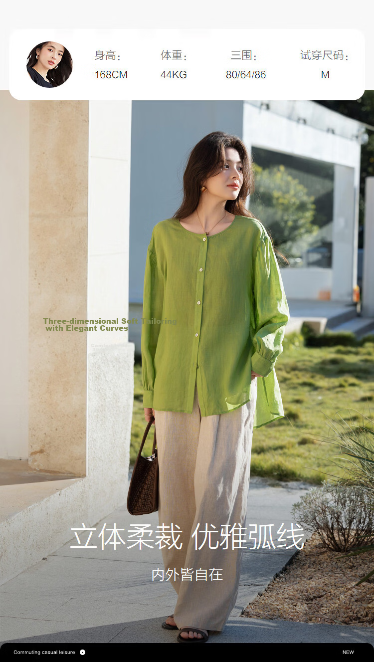 Demana [Ramie Lyocell Blend] Spring Breathable Crew Neck Drop Shoulder Loose Fit Petite Women's Shirt 7