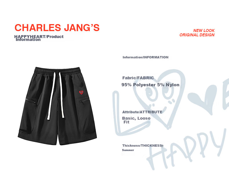 Charles Peach Heart Men's Summer Loose Casual Comfortable Breathable Drawstring Shorts with Large Pockets Black L 4