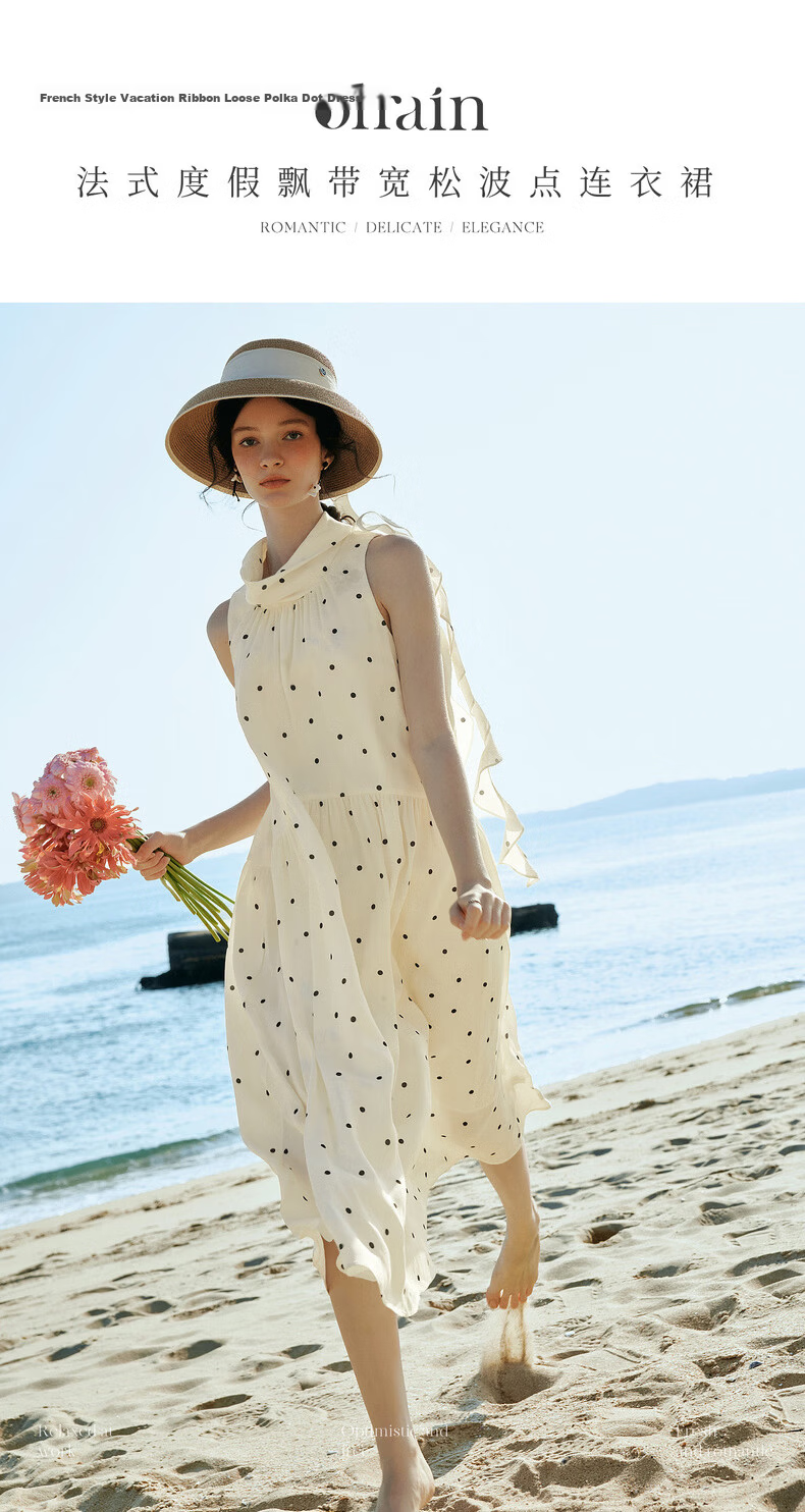 Olrain French Style Polka Dot Ruffled Neck Tie Loose Sleeveless Long Dress for Women, Polka Dot, Size S 1