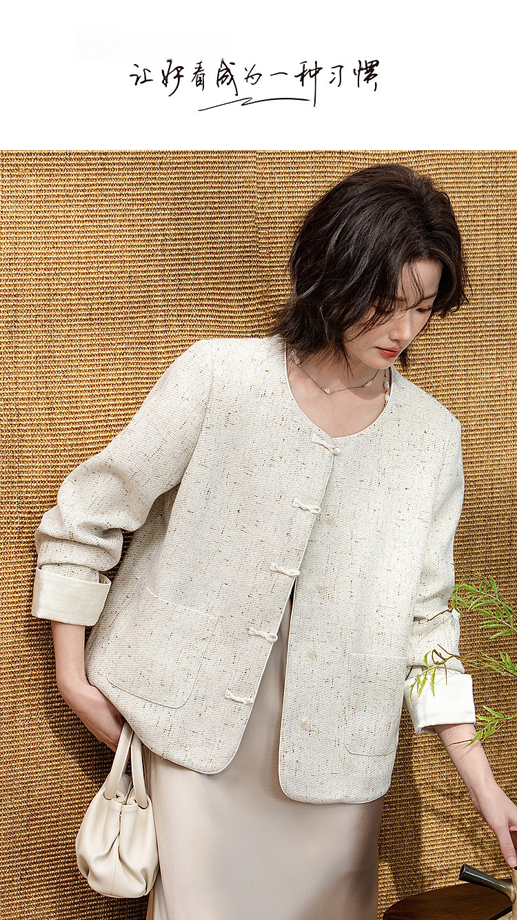 Demana [Oriental Charm] Spring National Style New Chinese Round Neck Frog Button Turn-up Sleeve Loose Short Petite Women's Jacket 1