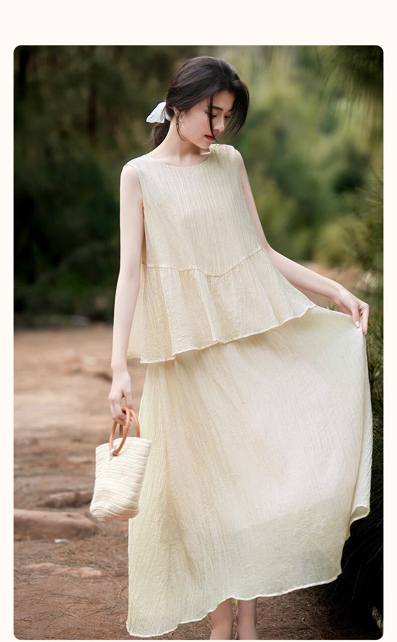Demana [with Natural Wind Linen] Summer Design Patchwork False Two-Piece Sleeveless Off-Shoulder Waterdrop Button Cake Dress 2