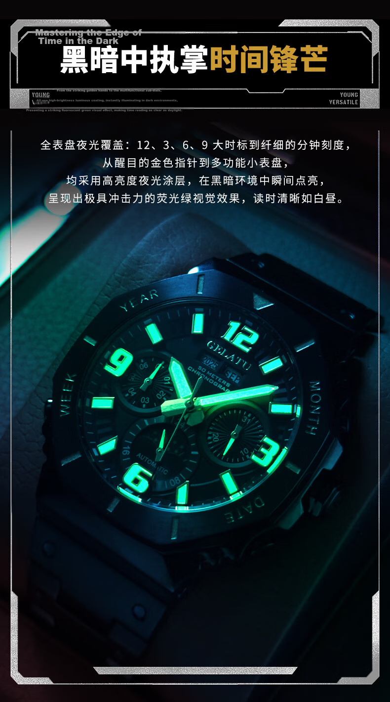 GELATU Men's Automatic Skeleton Mechanical Multifunction Waterproof Luminous Trendy Mecha High-End Stainless Steel Watch 5