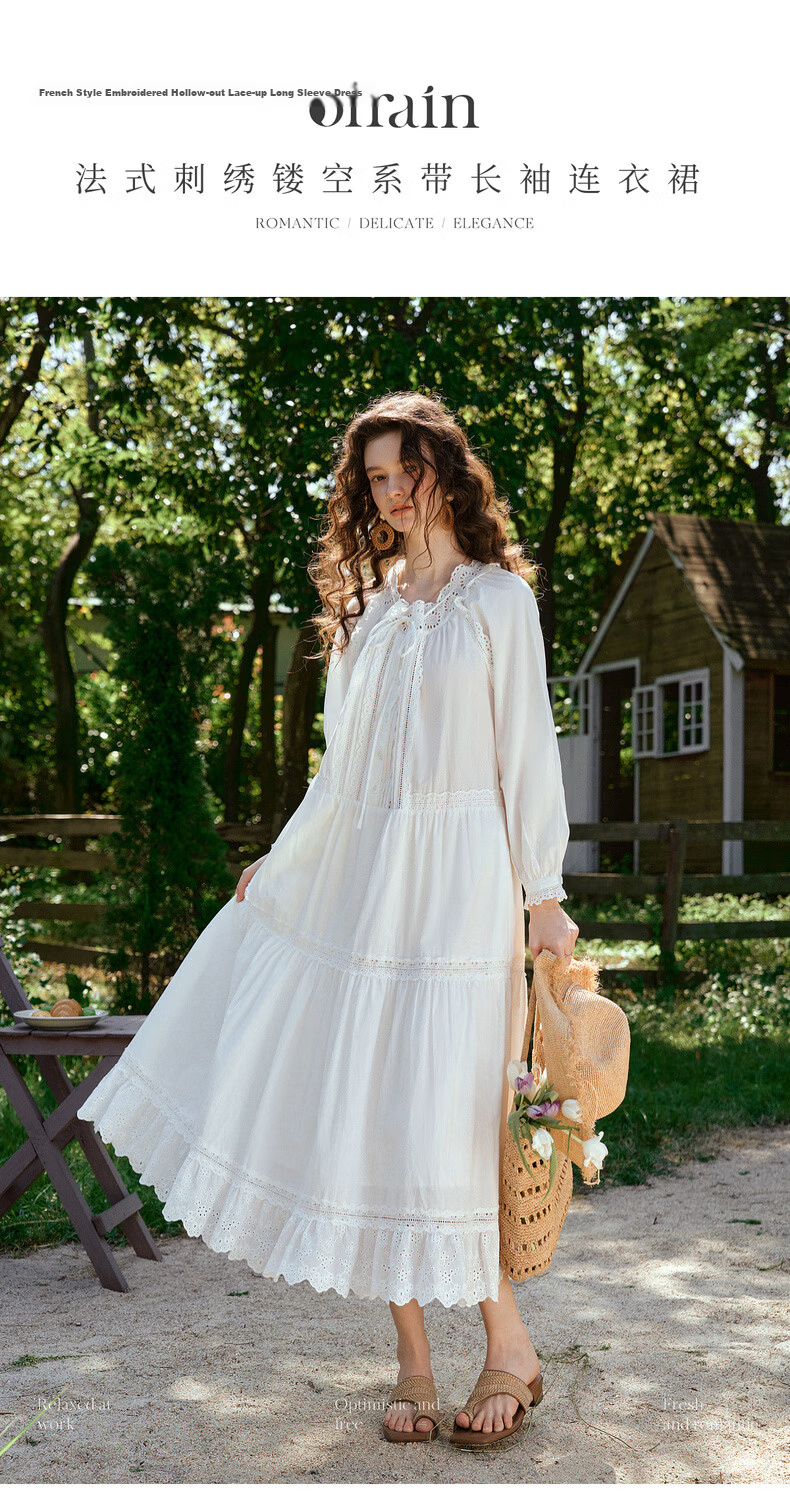 Olrain French Embroidered Hollow Lace Collar Long Sleeve Dress Women Spring Loose Elegant Long Dress White S 1