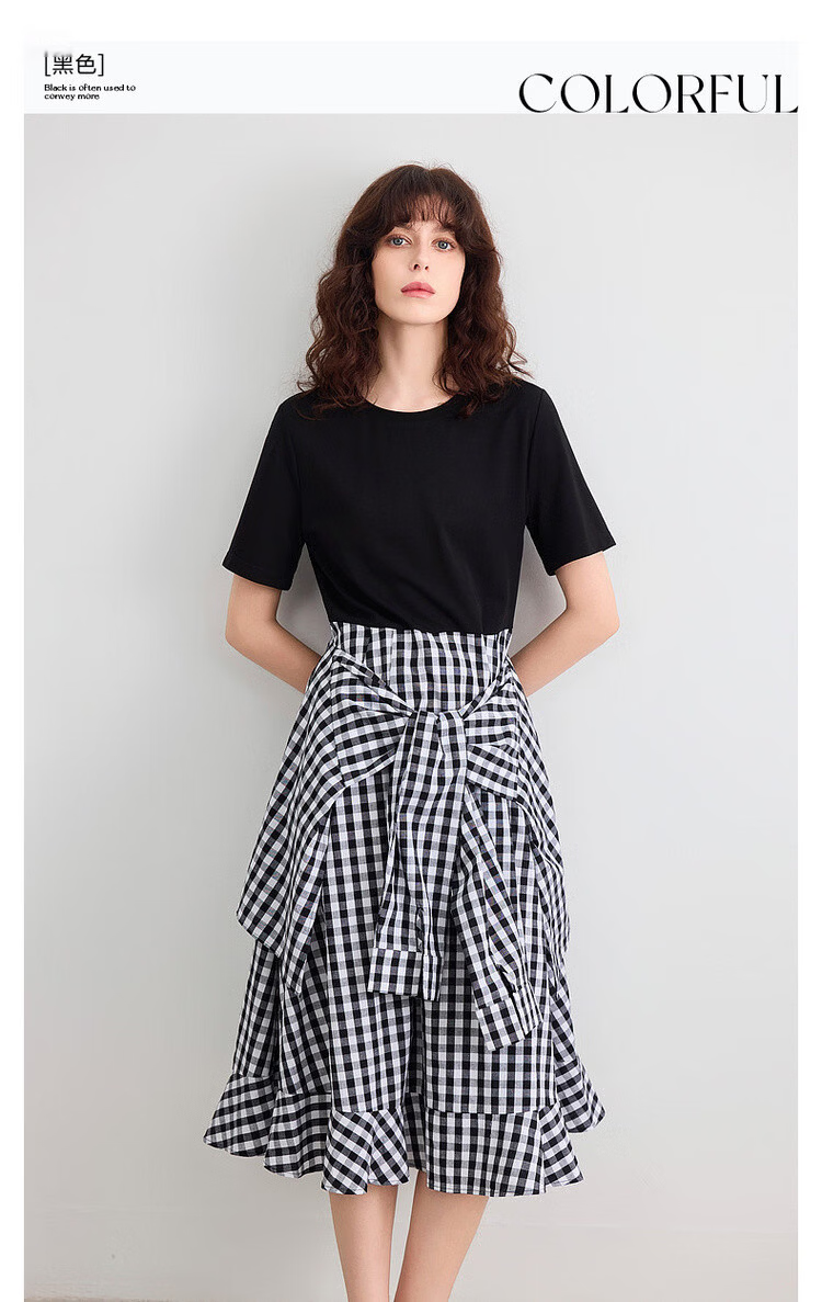 Demana Faux Two-Piece Style Summer Urban Casual Plaid Patchwork Round Neck Waist-Slimming Mid-Length Dress for Women 3