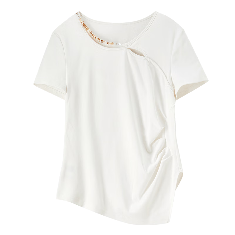 Shangdu Bila Cotton Blend Pleated Slim Fit T-Shirt Women Spring Summer Designer Round Neck Hollow Out Asymmetric Overlap Irregular Split Top