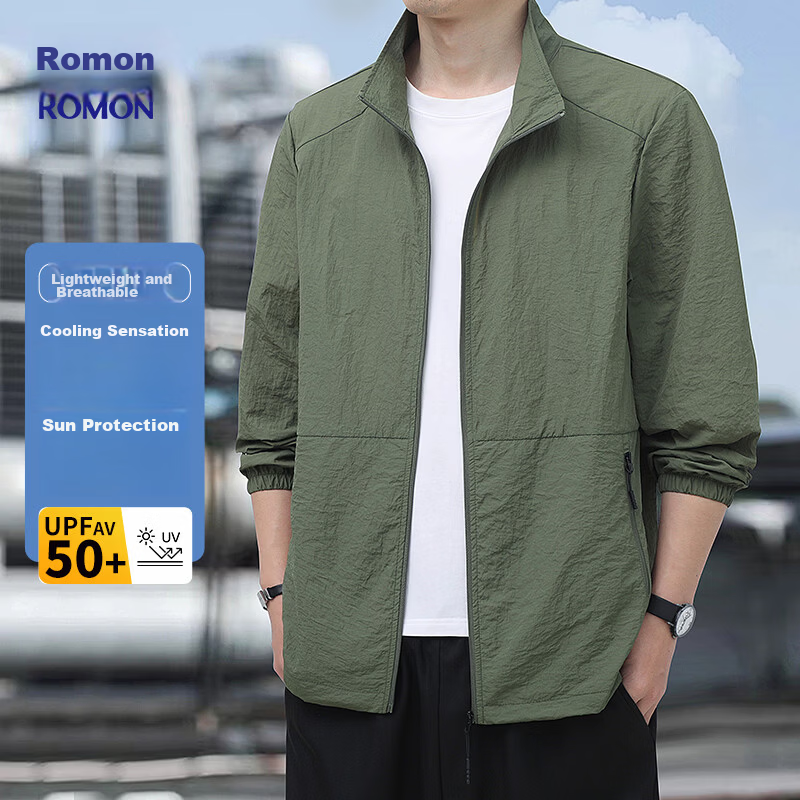 ROMON Men's Summer Sunscreen Jacket Ice Silk Lightweight Skin Jacket Outdoor Fishing Casual Coat 2518 Army Green 2XL