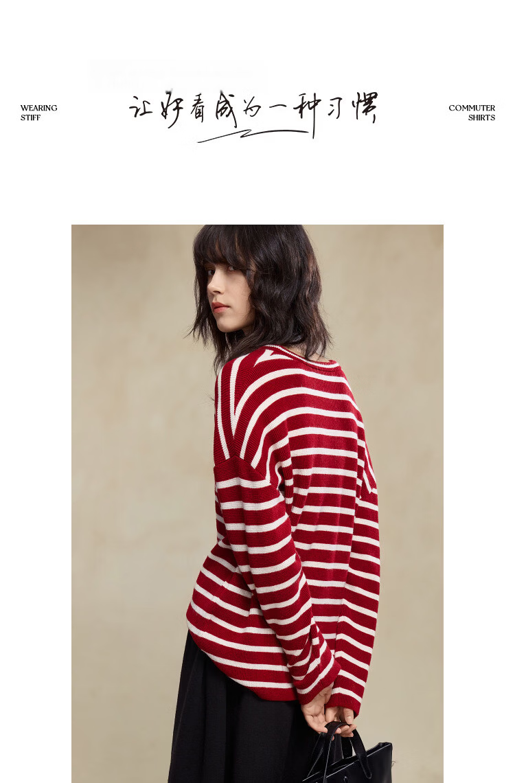 Demana Breathable Wool Blend Vintage Salt-Wind Half-Placket Striped Loose Knit Sweater Women's Top Winter 9