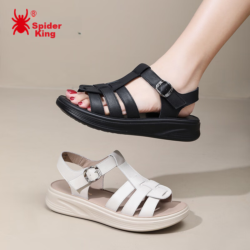 Spider King Women's Sandals 2026 New Summer Cowhide Open Toe Casual Mom Sandals Black 36