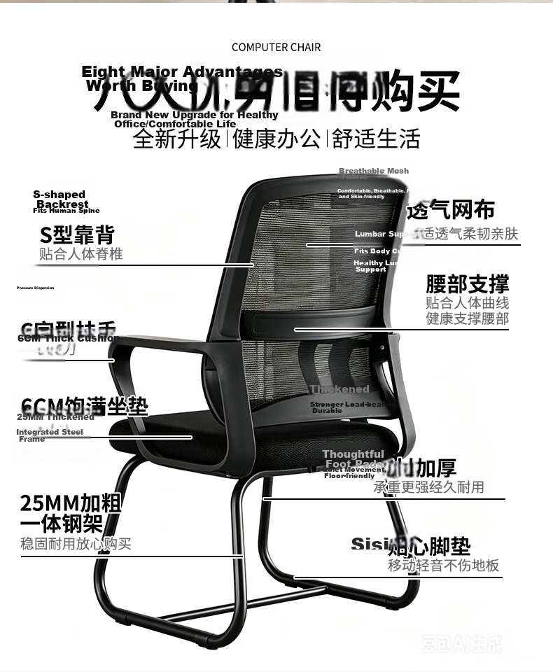 Zhuobo Computer Chair Conference Office Chair Study Chair Ergonomic Back Bow-shaped Home Study Chair BT60 Black Frame Black Mesh 4