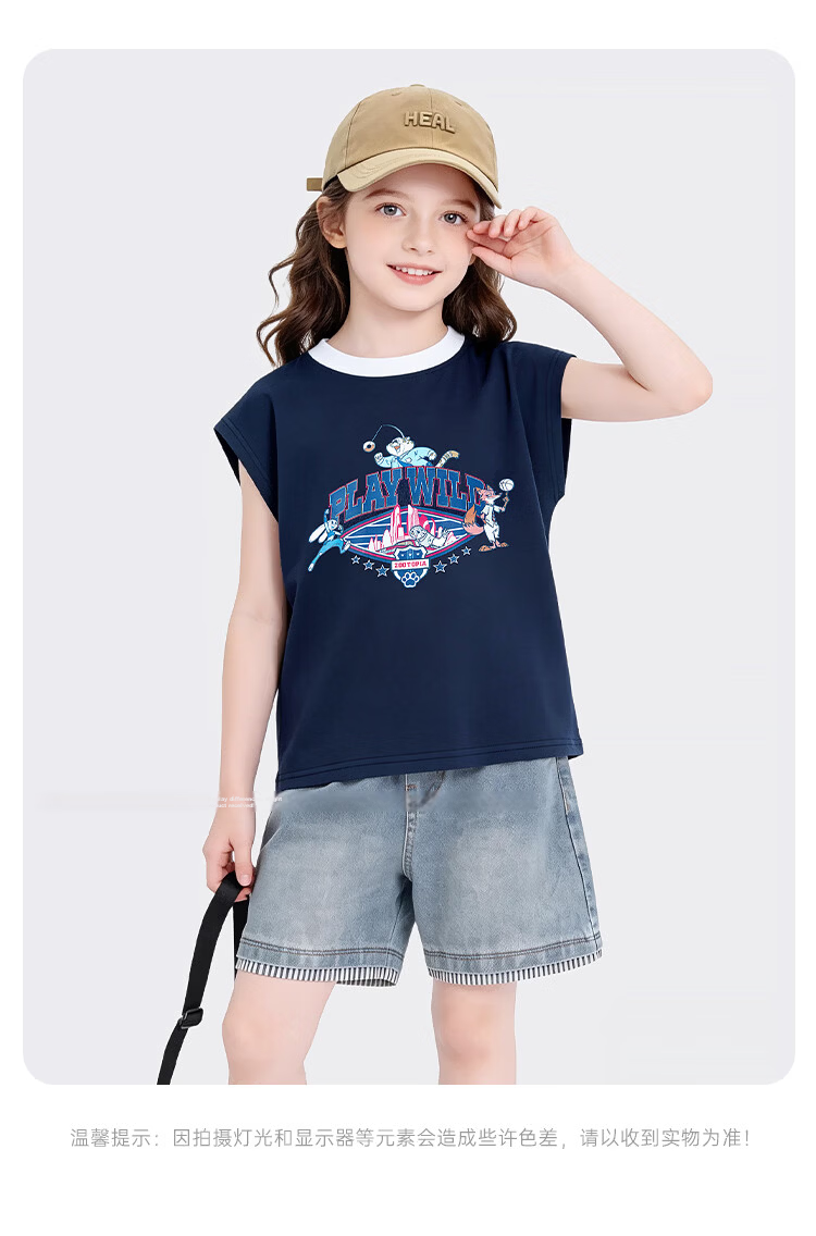 Disney Girls Short Sleeve T-Shirt 2026 New Summer Kids Cartoon Sleeveless Printed Breathable Vest Navy Blue 120 21