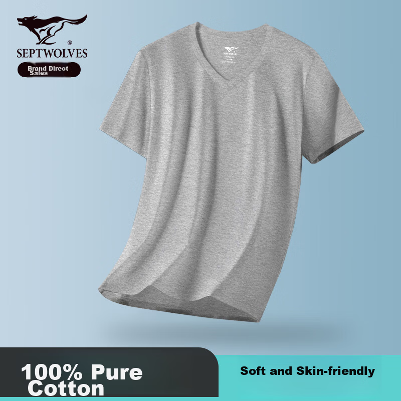 Seven Wolves 100% Cotton Men's Short Sleeve Pure Cotton T-Shirt Running Sports Breathable All Cotton White Casual Sweat-Absorbing Shirt