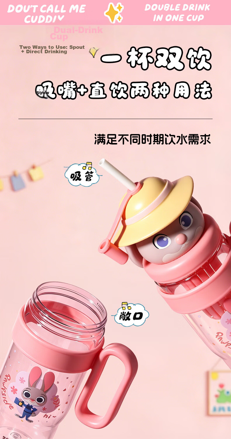 Disney High-Quality Straw Water Bottle for Women, Summer Durable Plastic Large Capacity Portable Cartoon Kids Drinking Cup 6