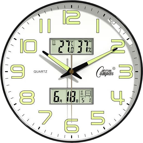 Compas Luminous Wall Clock with Calendar, Temperature and Humidity Display, Quartz Clock for Living Room, Model 1540-2, Ink Bamboo Green, 35.5cm