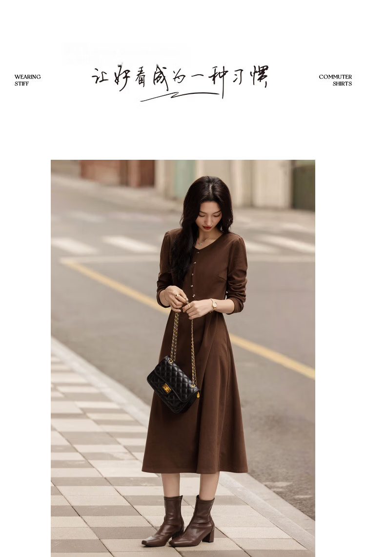 Demana Warm Double-Sided Fleece Autumn Casual V-Neck Irregular Split Metal Button A-Line Women's Dress 10