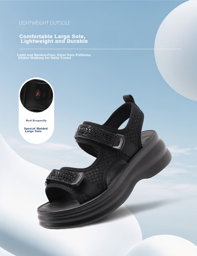Red Dragonfly Women's Lightweight Height-Increasing Sports Casual Sandals Outdoor Thick Soft Sole Beach Shoes WTK264751 Black Size 38 8