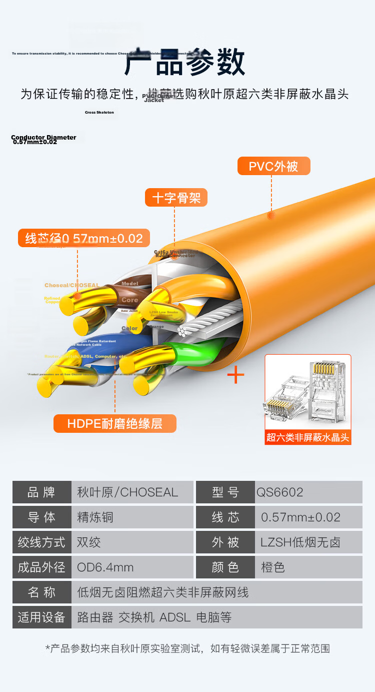 CHOSEAL Cat6A UTP Network Cable [Low Smoke Halogen-Free Flame Retardant] 0.57mm Pure Copper Core Eco-Friendly Safe Non-Toxic 305m Orange QS6602CLT305 1