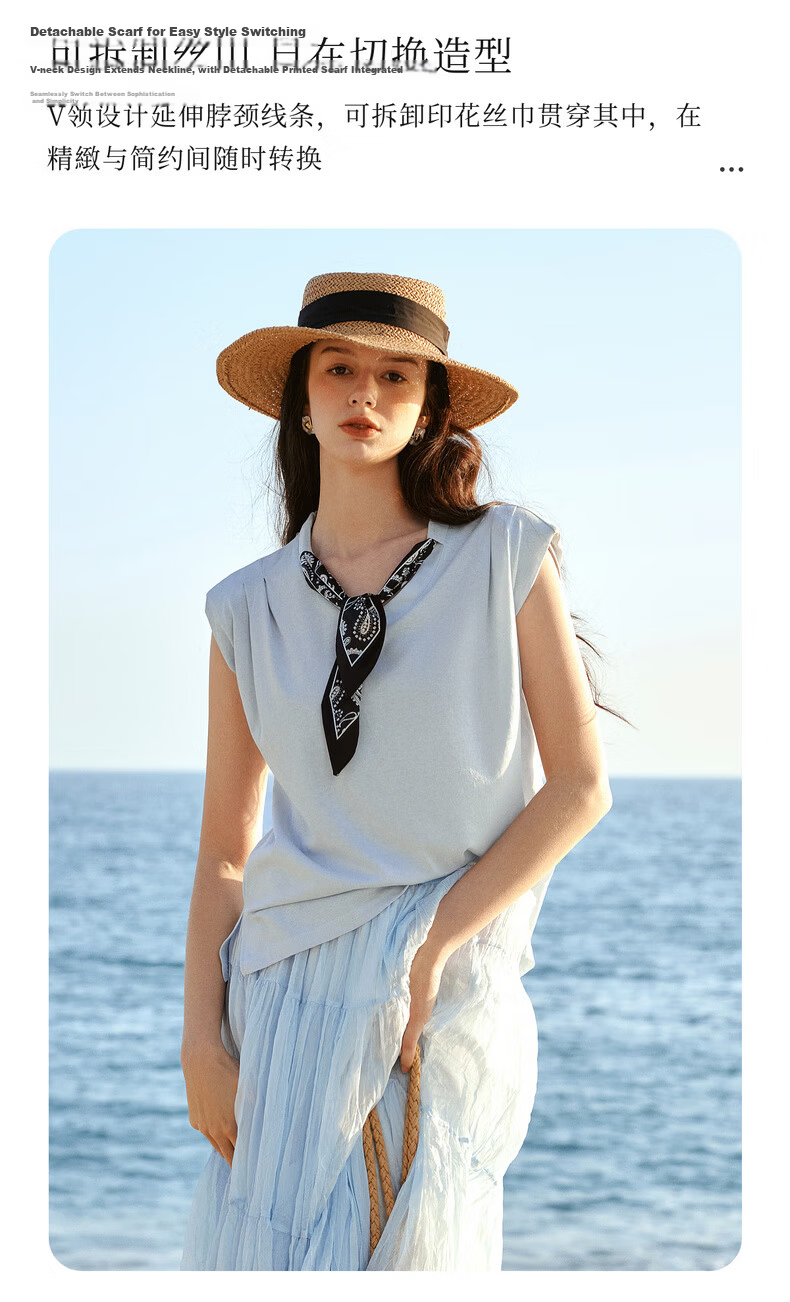 Olrain Eurier Scarf Collar Short Sleeve T-Shirt Women Summer New Casual Simple Commuter Knit Top Blue S 13
