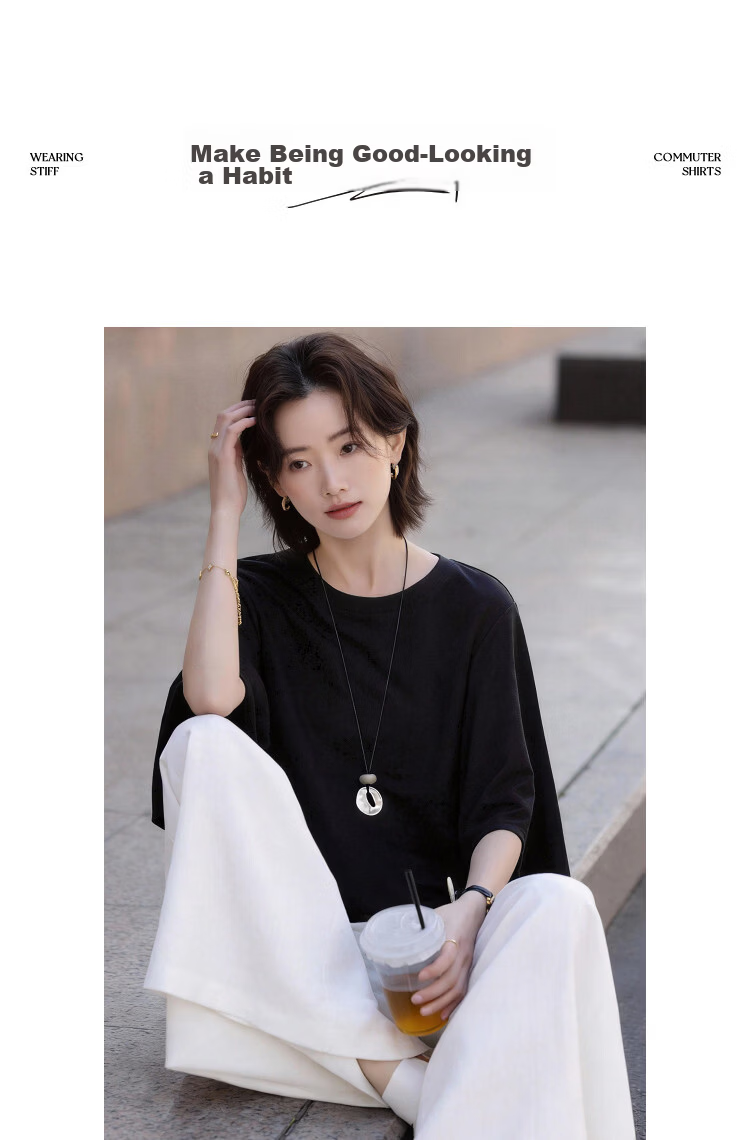 Demana [Lyocell] Summer Elegant Round Neck Three-Quarter Bell Sleeve Loose Slim Fit Petite T-Shirt for Women Premium Quality 12