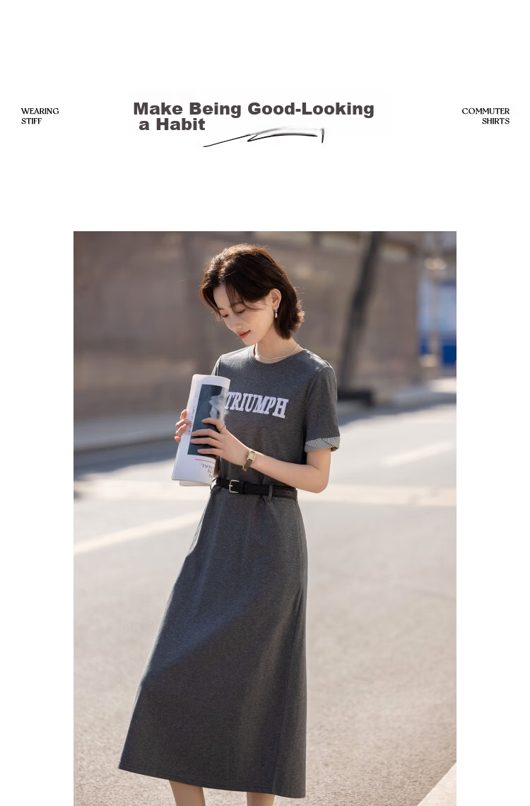 Demana [Cloud Oxygen Cotton Series] Summer Fashion Letter Embroidered PU Belt Waist Slim Fit Dress for Women Premium Feel 10