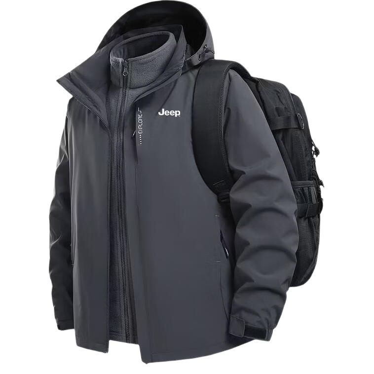 JEEP Men's Outdoor 3-in-1 Softshell Jacket Autumn Winter Hiking Coat Loose Fit Dark Gray 2XL