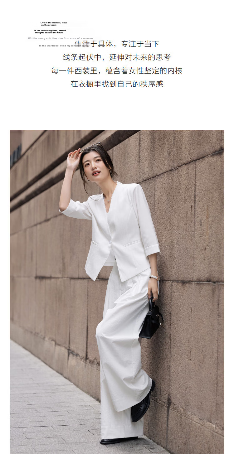 Demana [Light Business] Spring V-Neck Lace Single Button Three-Quarter Sleeve Double Piped Pocket Waist-Cinched Women's Blazer 6