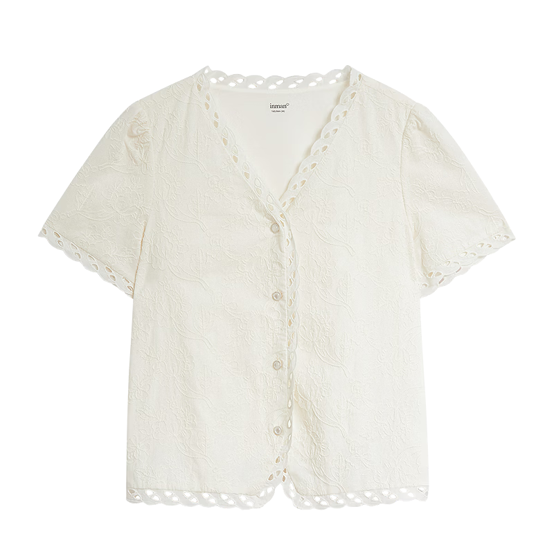 INMAN Embossed Embroidery V-Neck Short Sleeve Lace Blouse 26 Spring New Hollow Out Lace Top Beige S