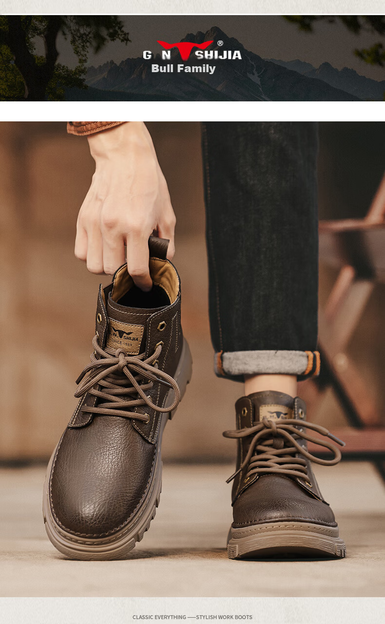 Bull Family Men's Boots Autumn Winter New British Retro Martin Boots Thick Sole Wear-Resistant Men's Work Boots Versatile Casual High-Top Shoes 10