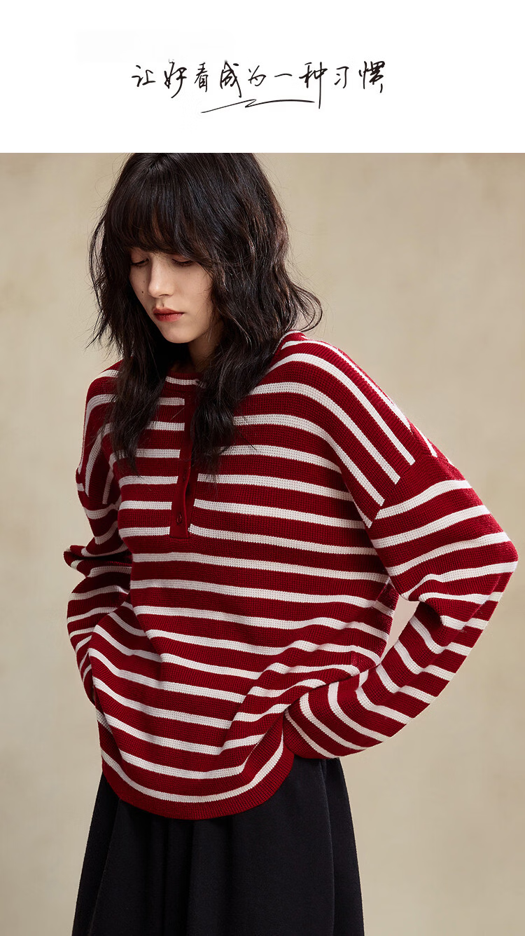 Demana Breathable Wool Blend Vintage Salt-Wind Half-Placket Striped Loose Knit Sweater Women's Top Winter 1