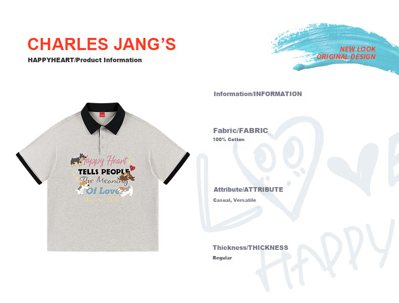 Charles Heart Contrast Collar Couple Pure Cotton Short Sleeve Polo Shirt with Playful Puppy Print Unisex Off-White XS 7