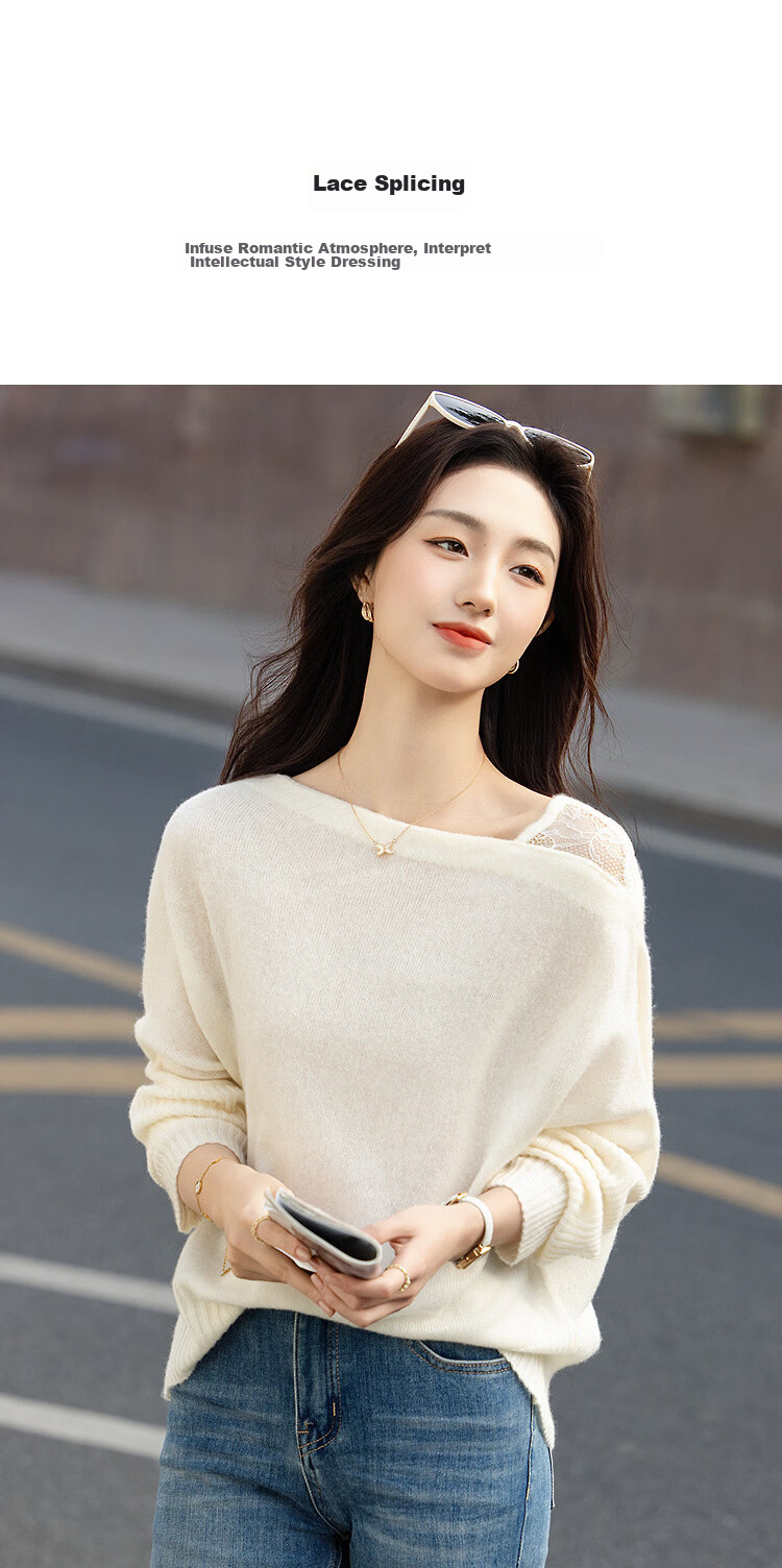Demana Bare-Feel Lyocell Autumn Goat Cashmere Wool Spliced Lace Off-Shoulder Asymmetric Neck Knit Sweater for Women 7