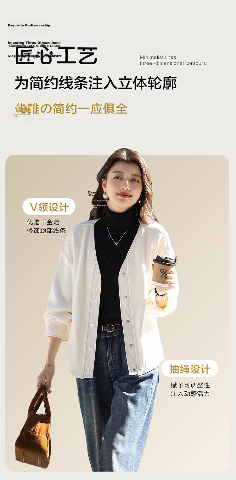 Dme Women's Winter Warm 460G Double-Sided Fleece V-Neck Loose Drawstring Trim Snap Button Coat 1