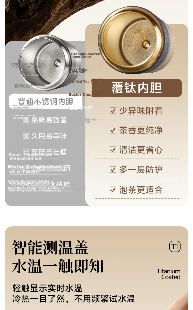 Fanjitai Titanium Insulated Tea Separation Men's Tea Cup Temperature Display Water Bottle Brewing Tea Cup Car Business Birthday Gift 7