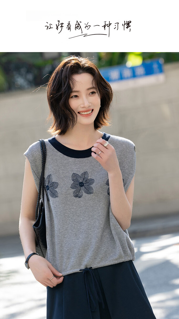 Demana [with Tencel/Linen] Summer Colorblock Crew Neck Raglan Sleeve Embroidered Short Sleeve Loose Knit Top for Women Premium Feel 1